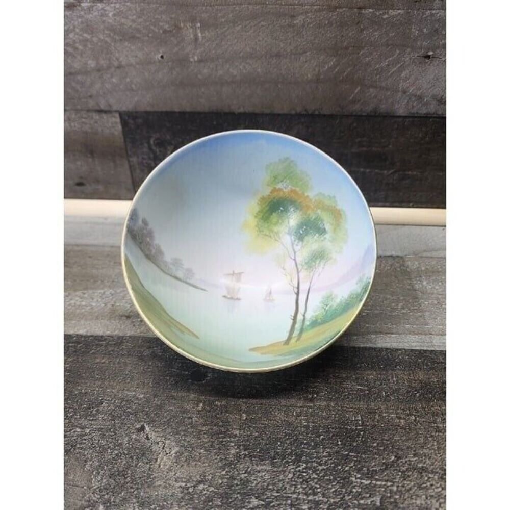 Noritake Hand painted Footed Rice Bowl Trinket Dish Boats Trees Pastel Colors
